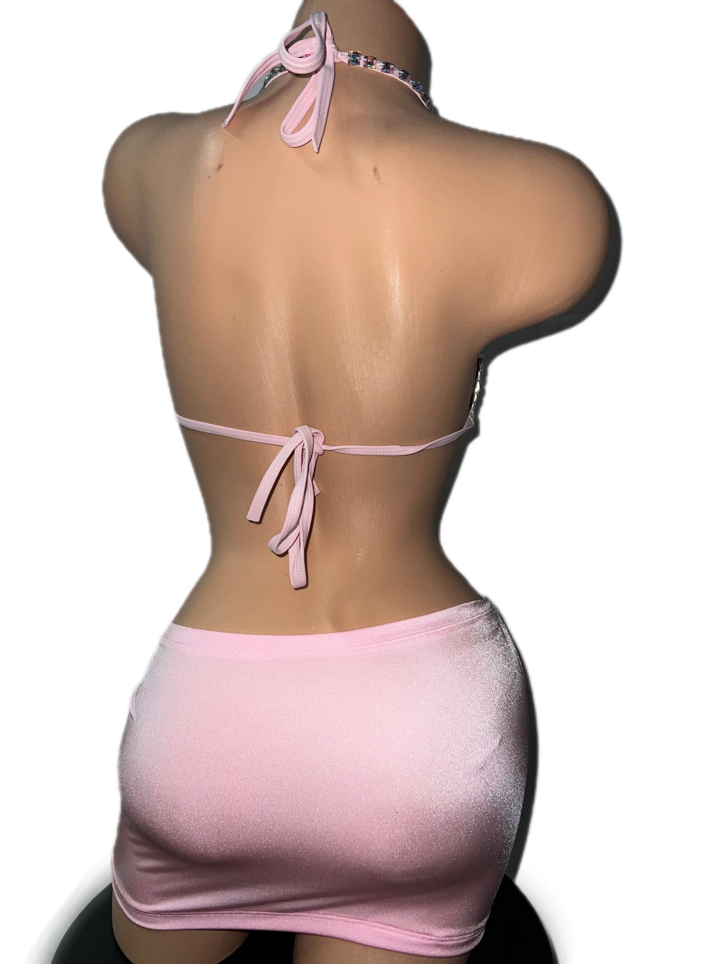 BABY PINK RHINESTONE BRA SET WITH SKIRT