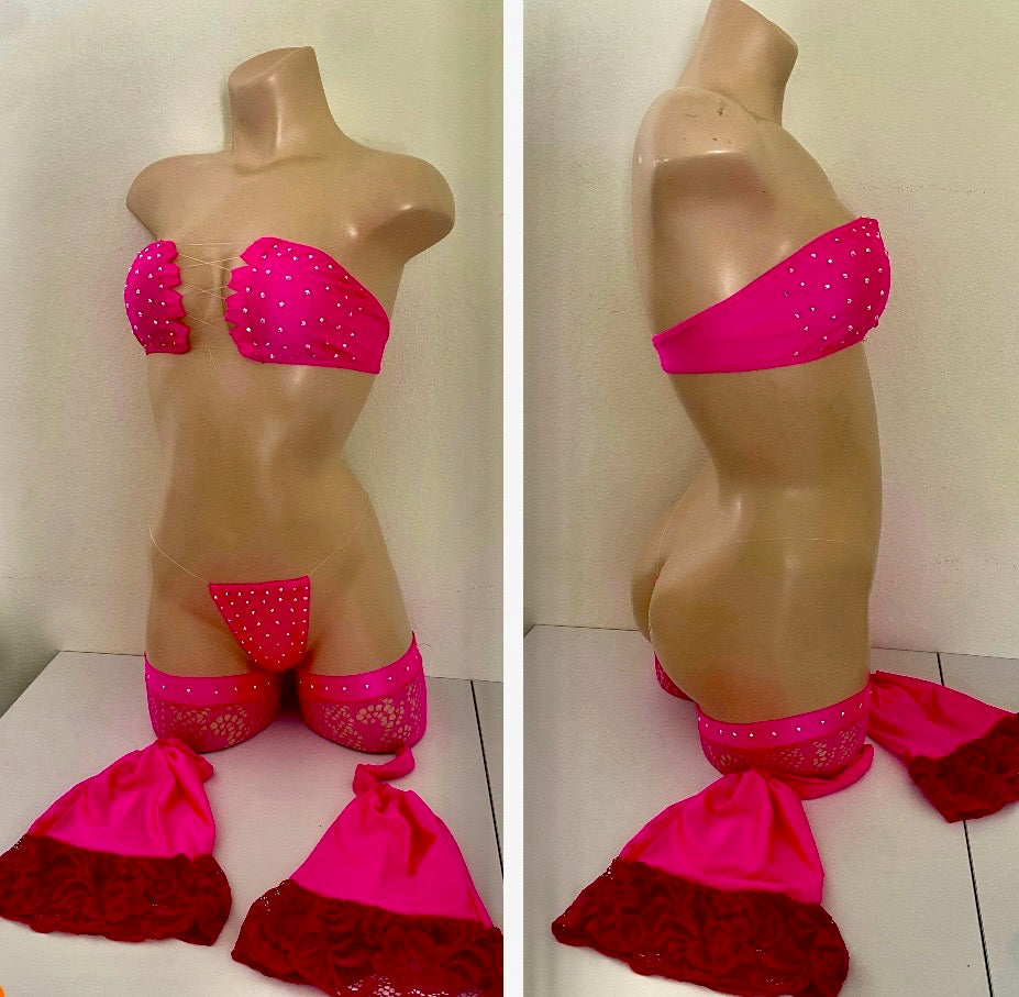 PINK FOUR PIECE WITH THIGH HIGH TIGHTS