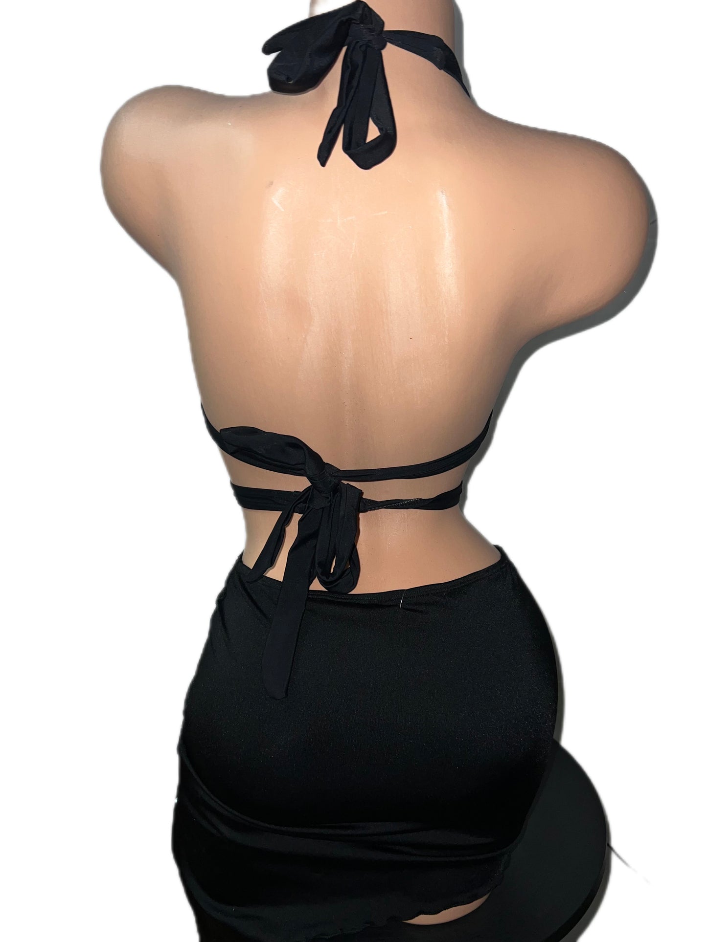 BLACK RHINESTONE BRA SKIRT SET