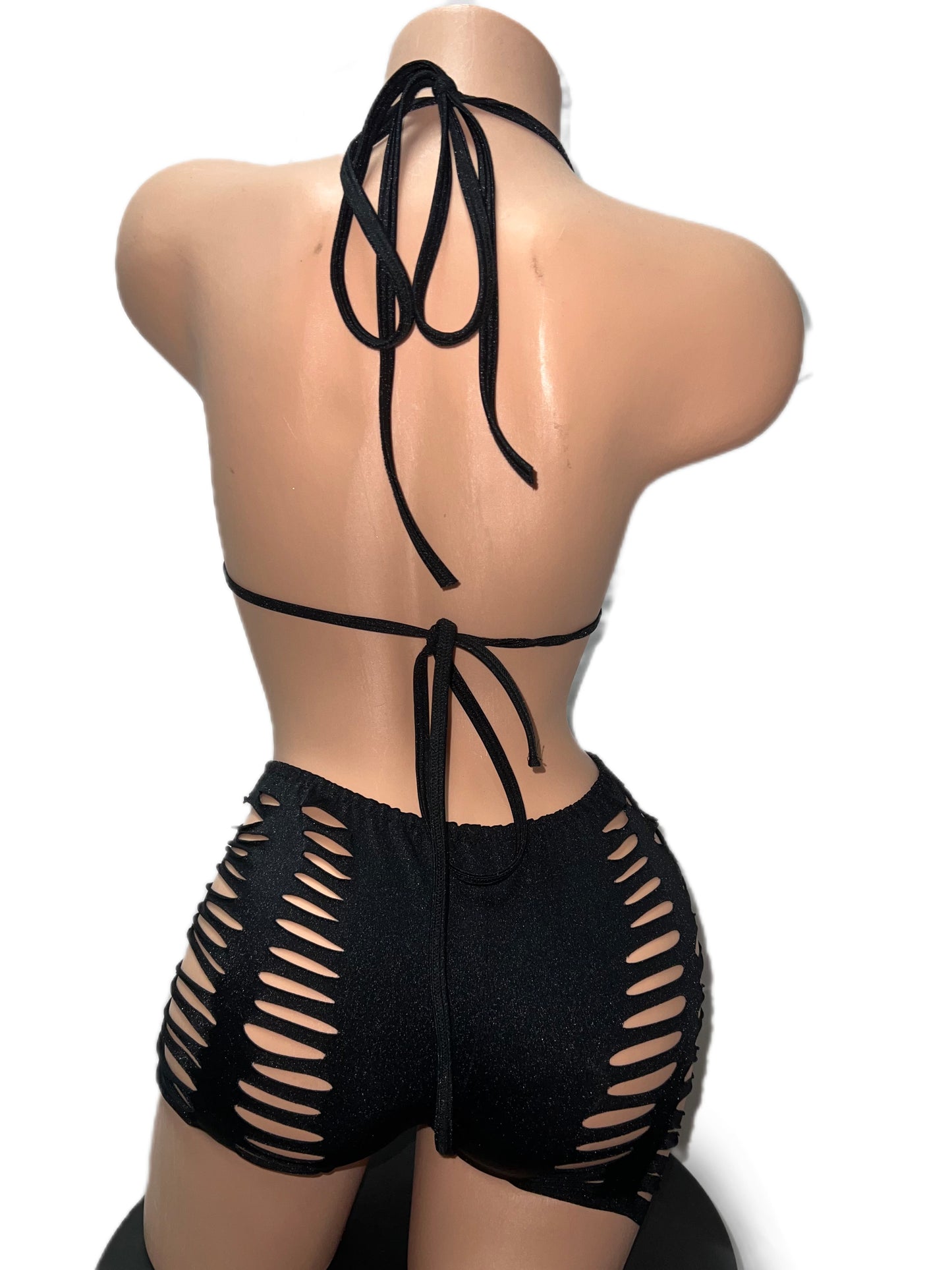 BLACK STRIPPED SHORTS W/ TRIANGLE TOP