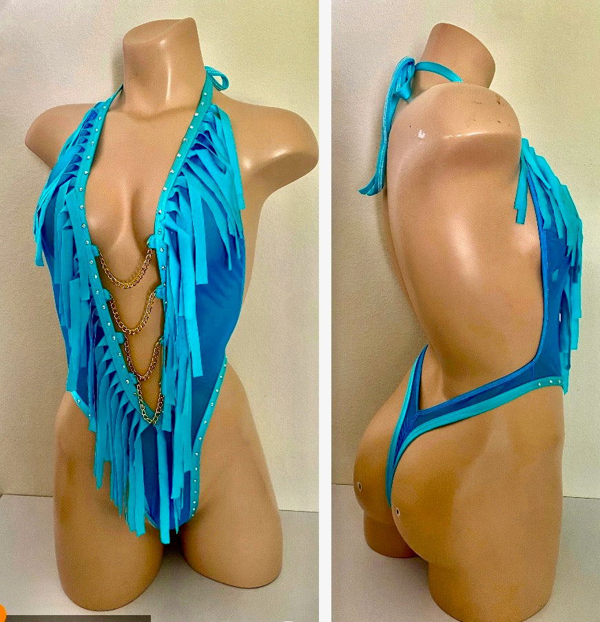 BLUE FRINGE BODYSUIT WITH CHAIN
