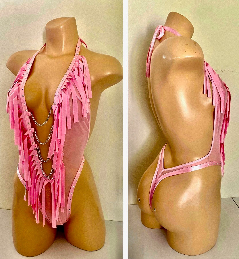 PINK FRINGE BODYSUIT WITH CHAIN