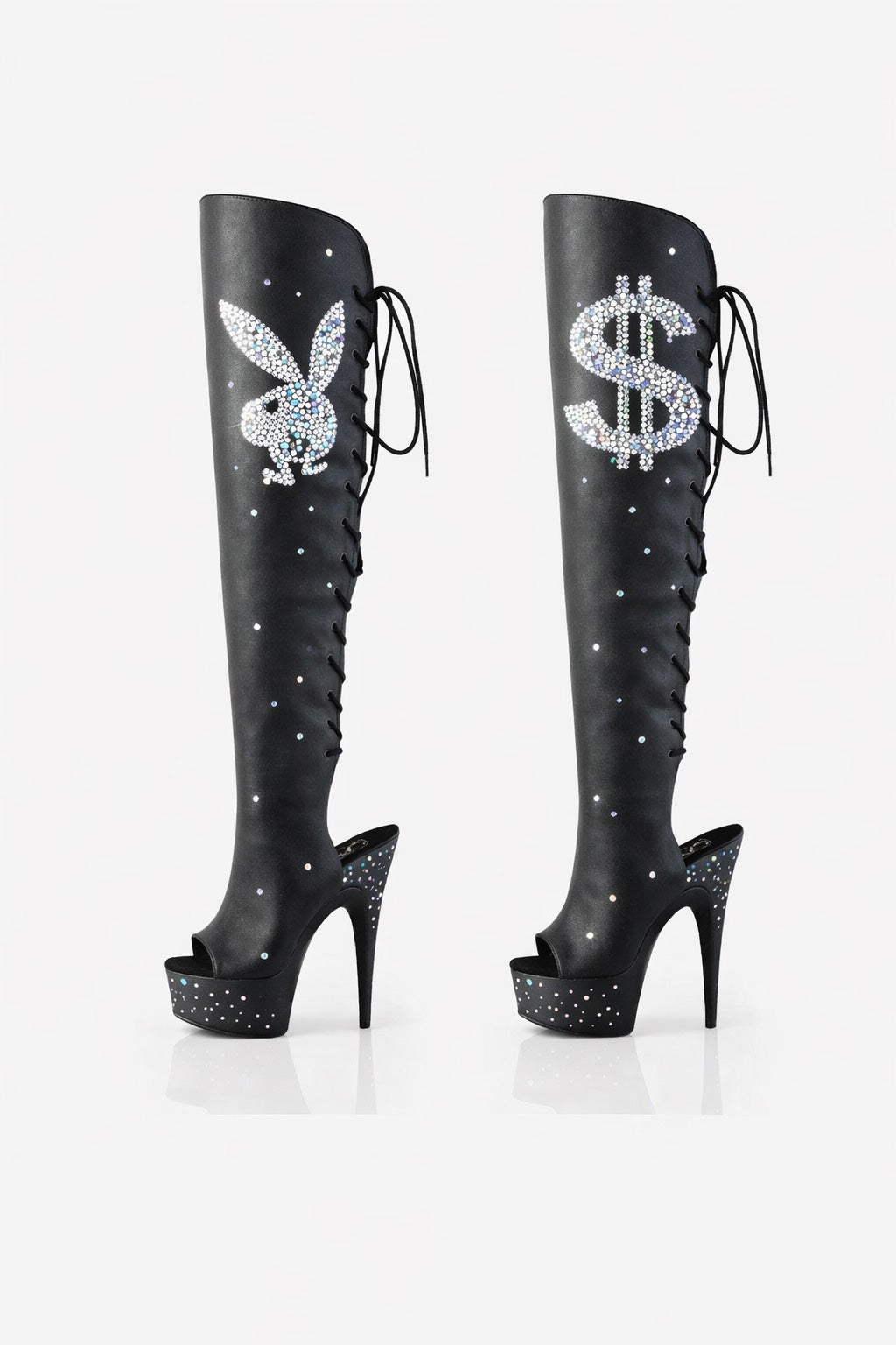 BUNNY/MONEY SIGN CLEAR RHINESTONE THIGH HIGH