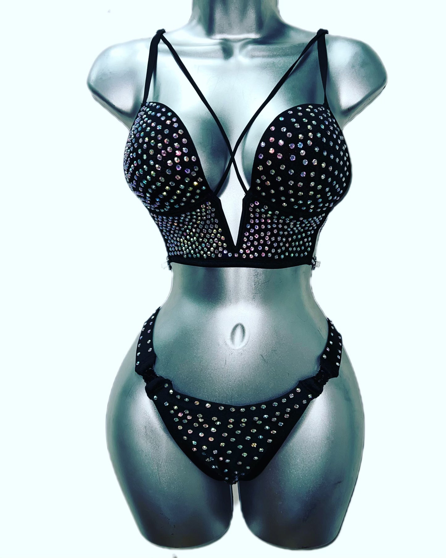 BLACK RHINESTONE BRA SET
