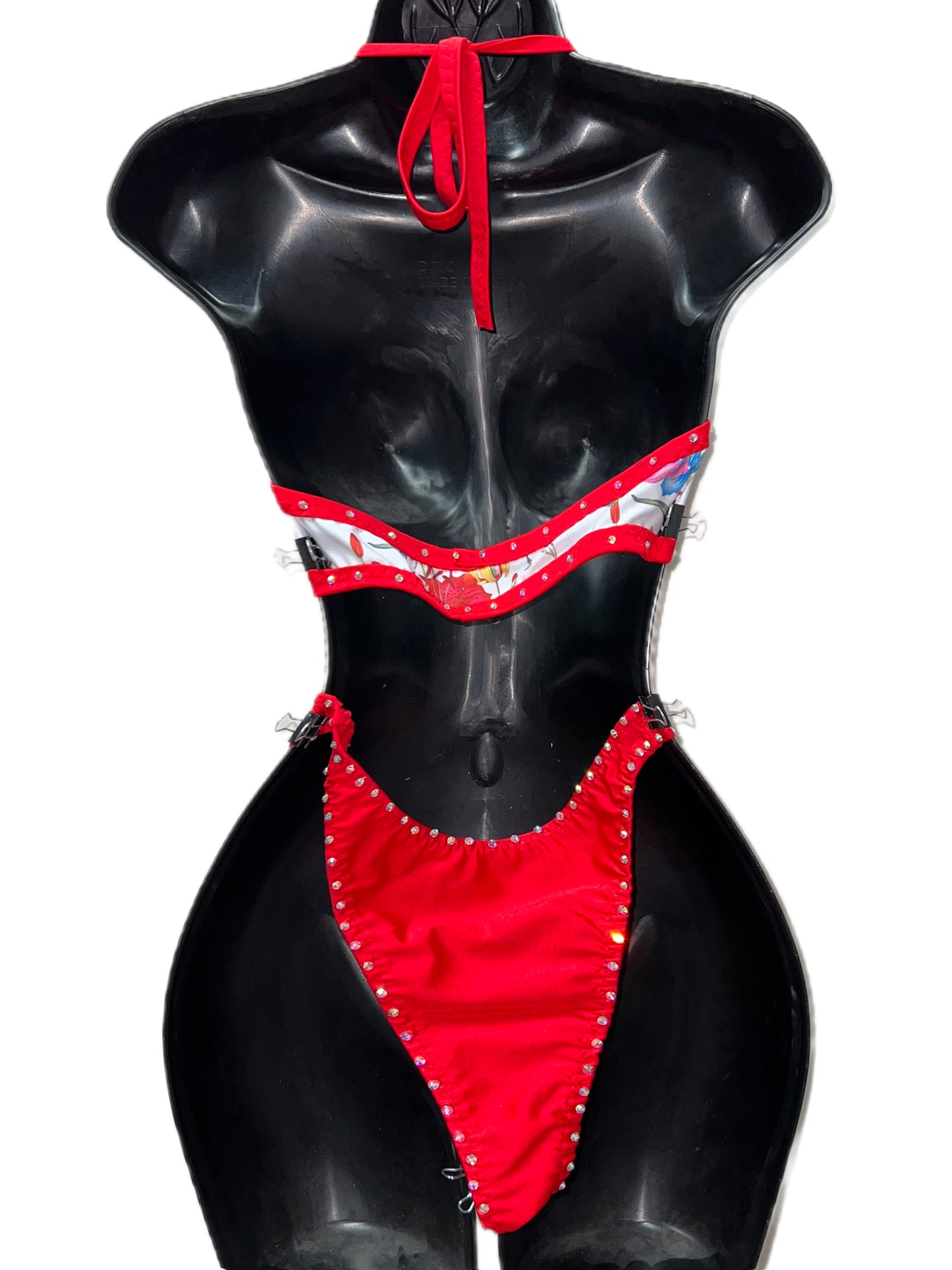 FLORAL RED HIGH WAIST THONG SET