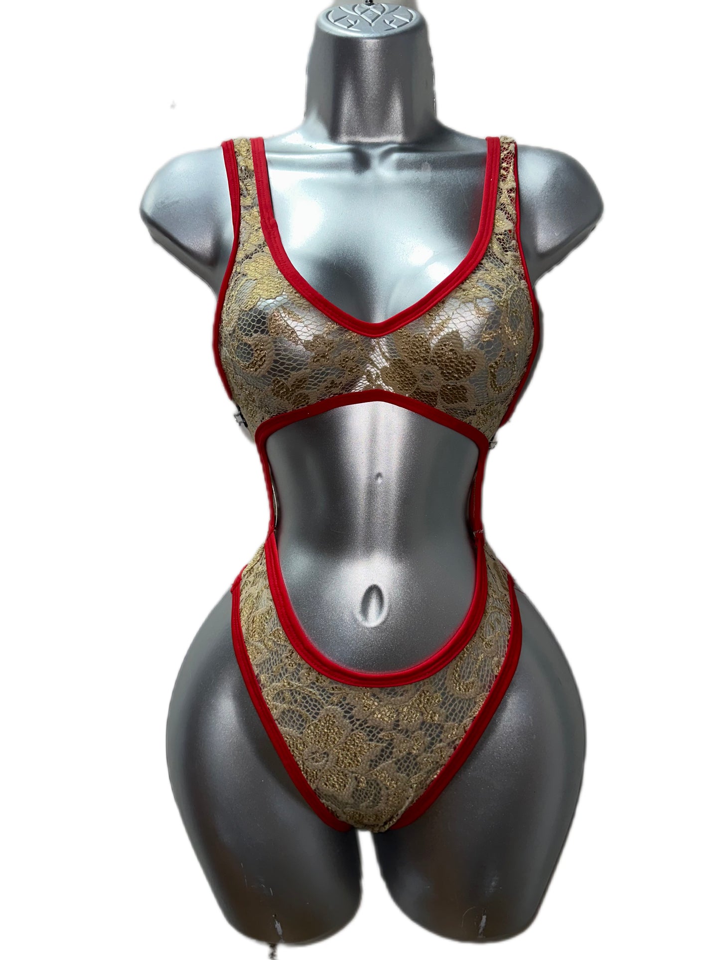 Nude w/Red Lace One Piece