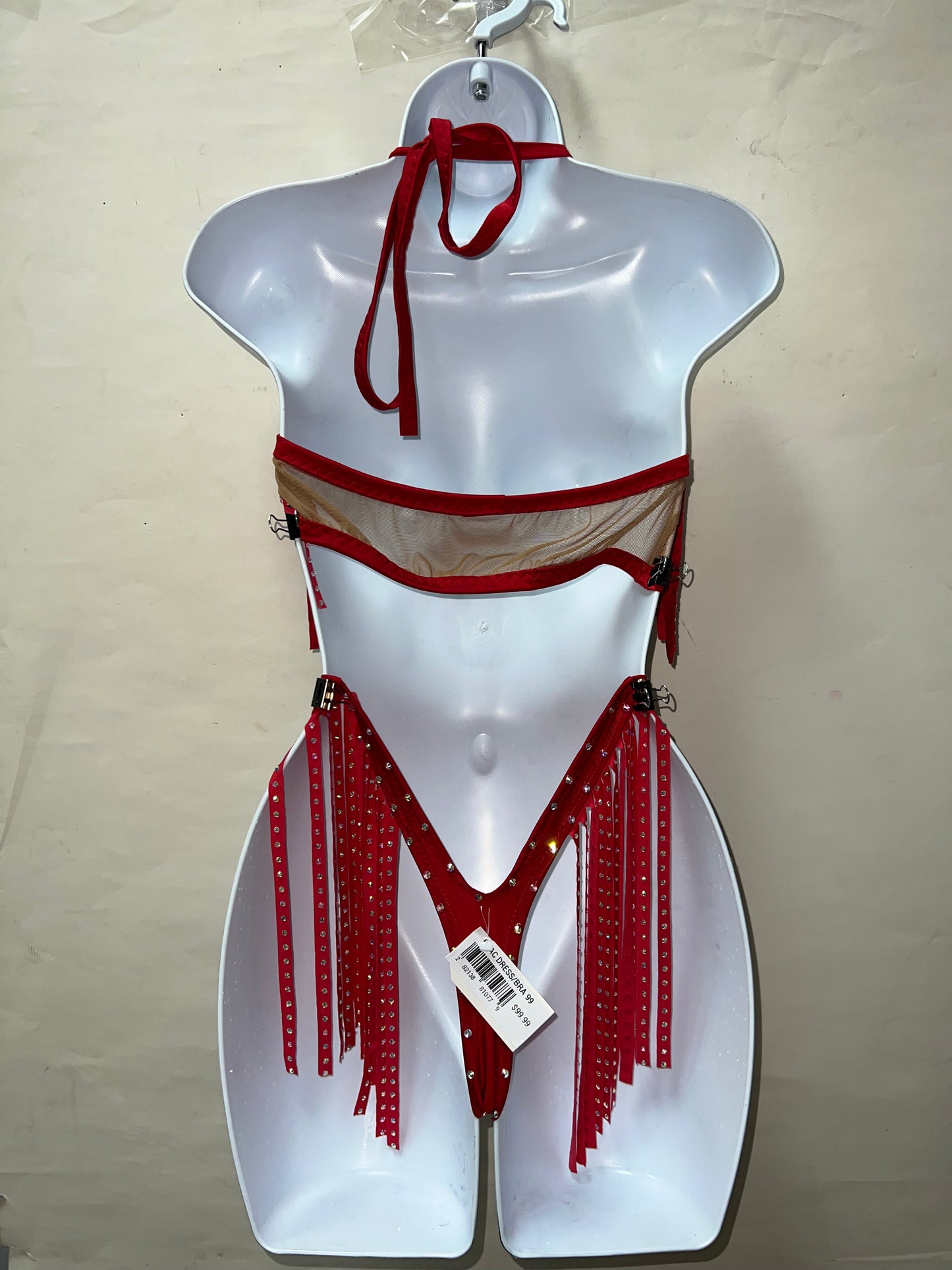 Two Piece Red/Nude Fringe Short Set