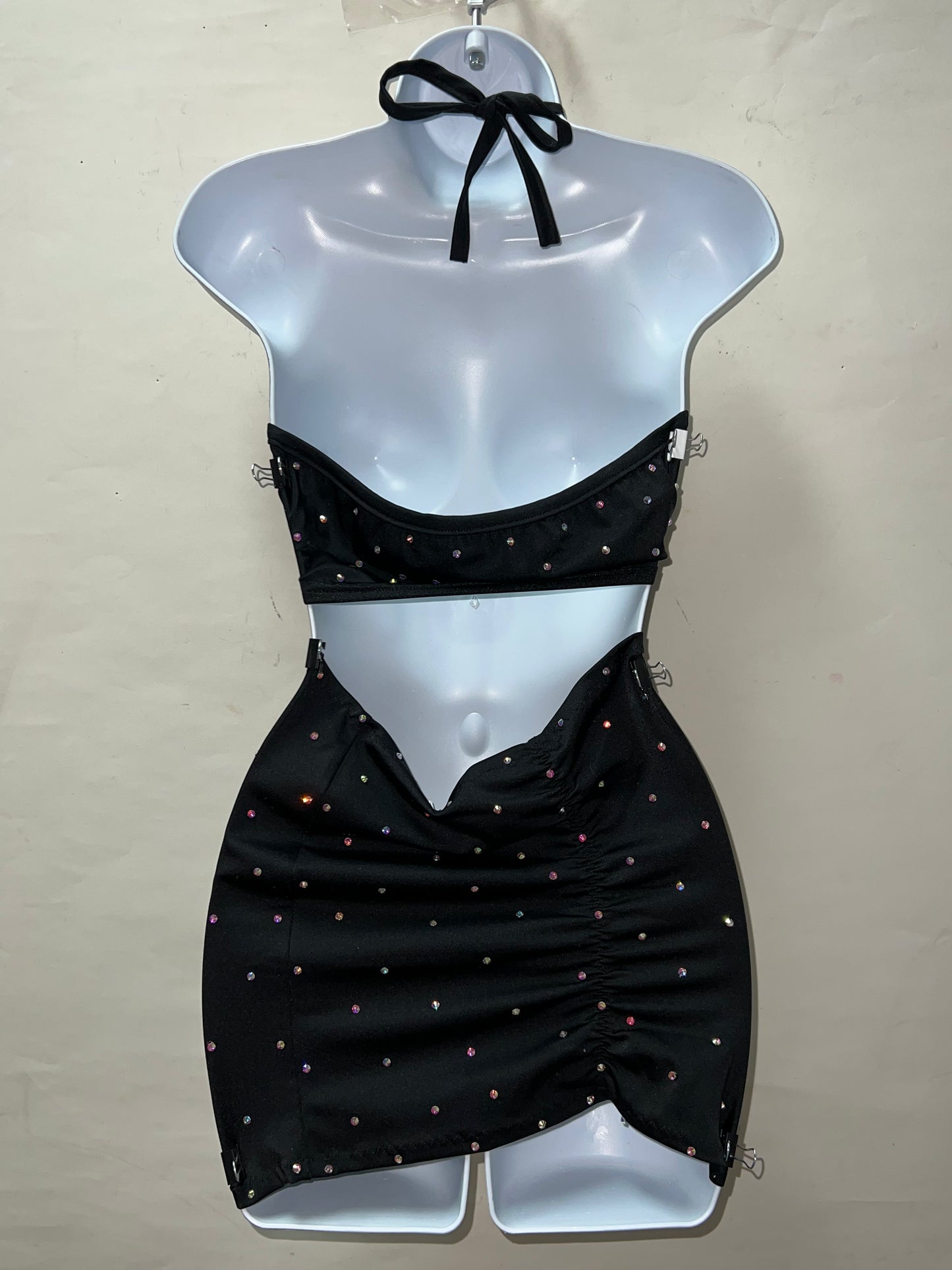 Two Piece Rhinestone Blk Skirt Set