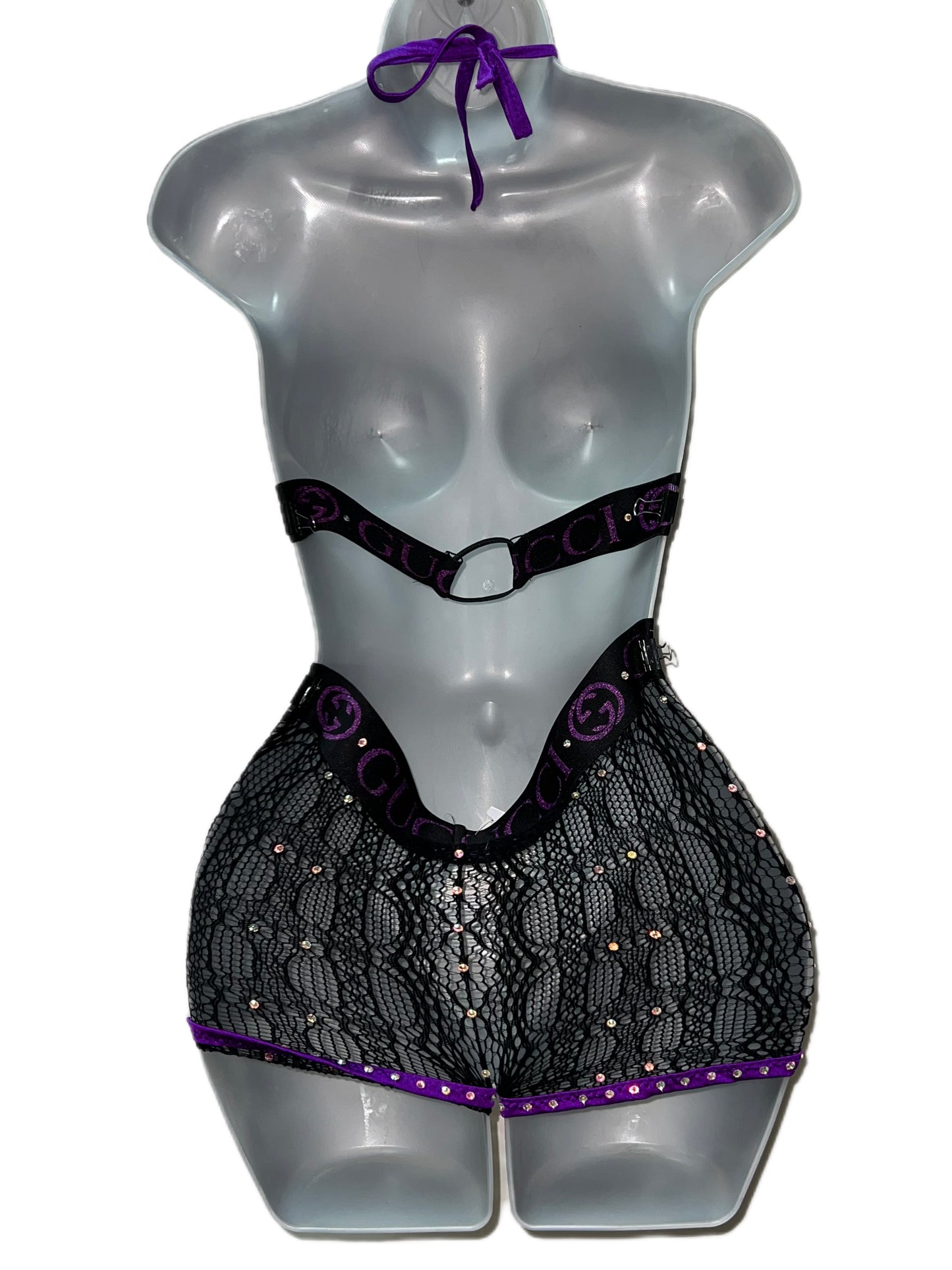 PURPLE AND BLACK LACE SHORT SET