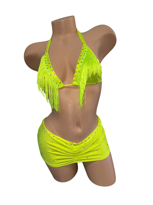 Neon Yellow Three Piece Skirt Set