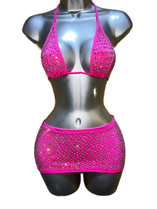 HOT PINK RHINESTONE SKIRT SET