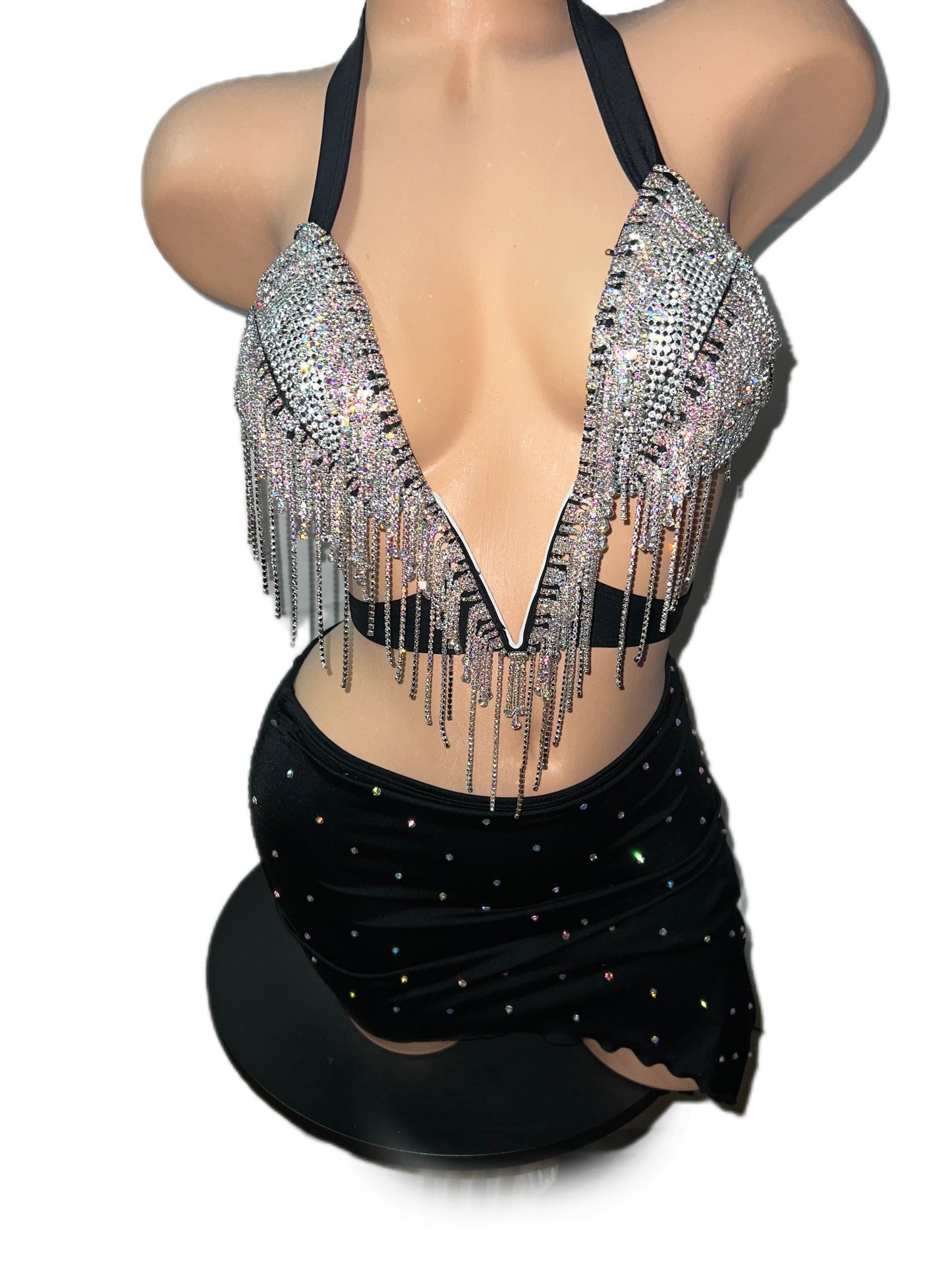 SILVER AND BLACK RHINESTONE BRA SET WITH SKIRT