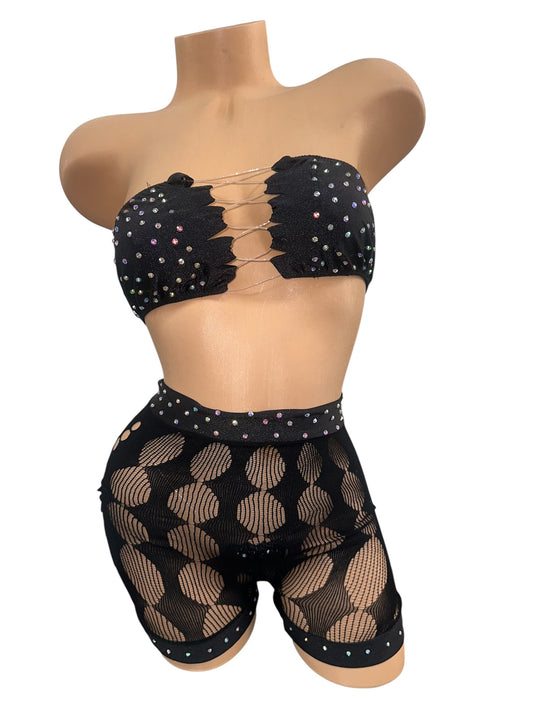 BLACK THREE PIECE NET SHORTS OUTFIT