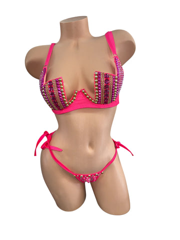 PINK TWO PIECE RHINESTONE BRA SET