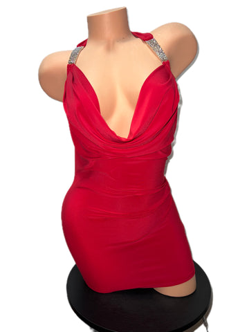 RED DRESS WITH RHINESTONE DETAIL