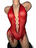 RED BODYSUIT WITH CHAINS