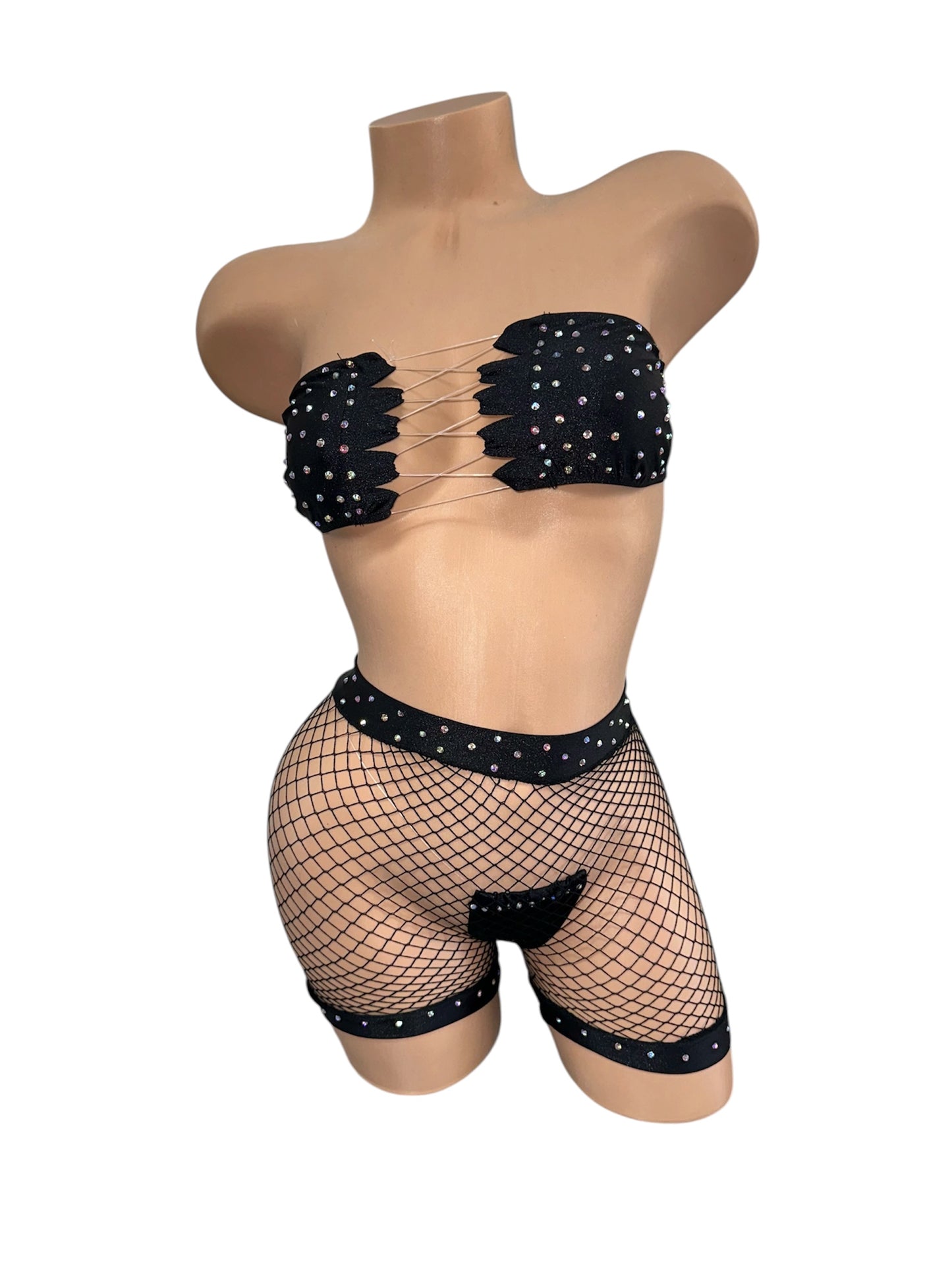 BLACK NET THREE PIECE SHORTS SET