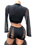 BLACK STRIPPED SHORTS W/ TRIANGLE TOP AND LONG SLEEVE CROP