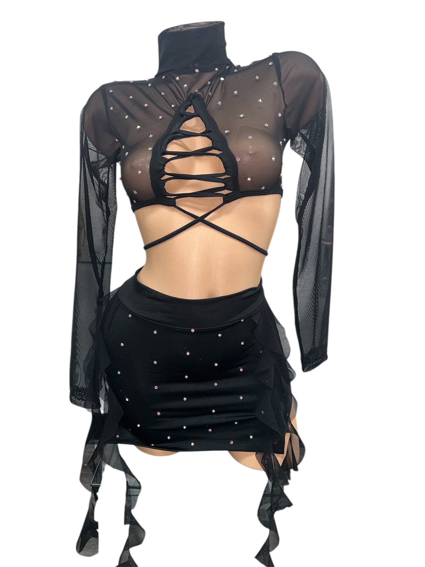 BLACK MESH SKIRT SET