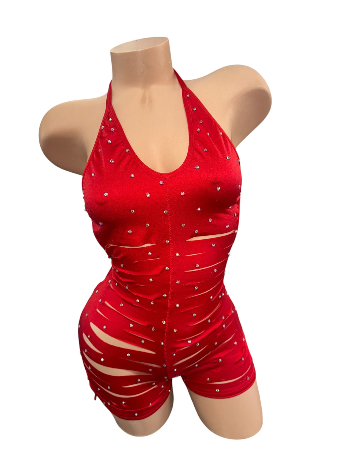 Red Slitted Shorts One Piece