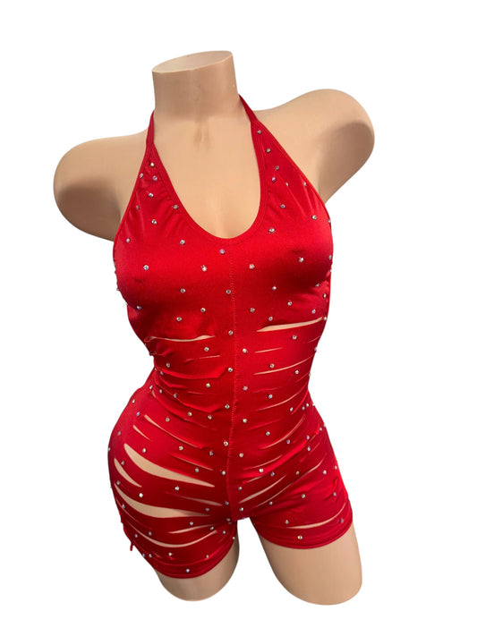 Red Slitted Shorts One Piece