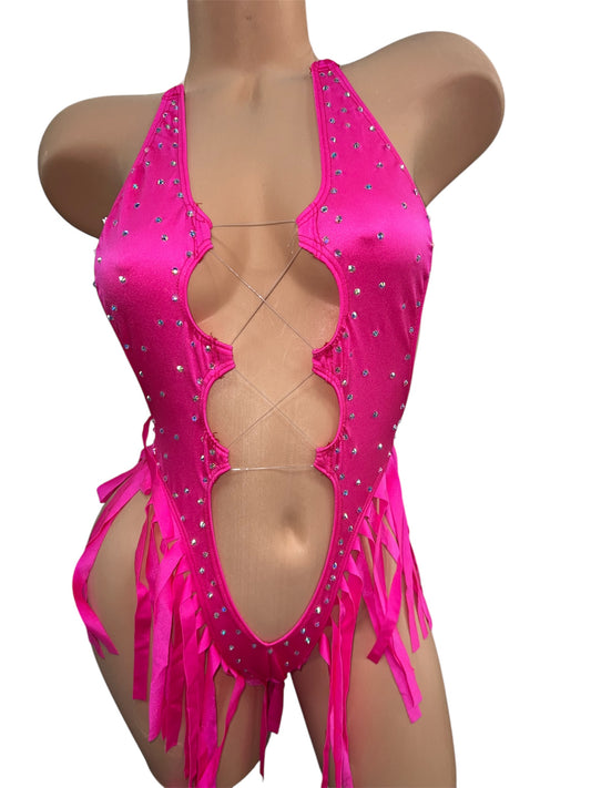 HOT PINK BODYSUIT WITH FRINGE
