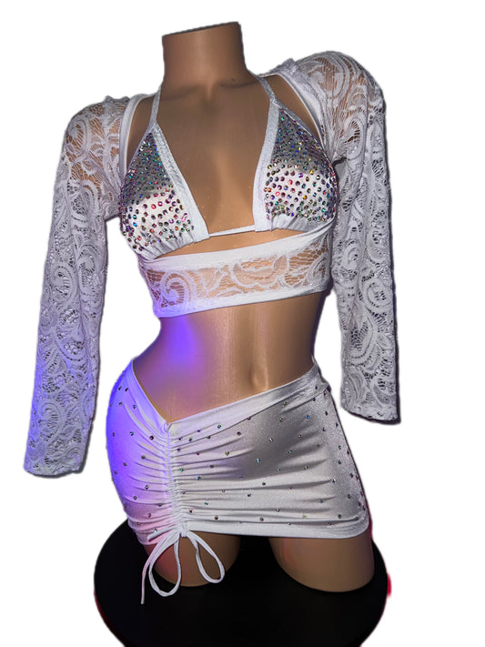 WHITE LACE THREE PIECE SKIRT SET