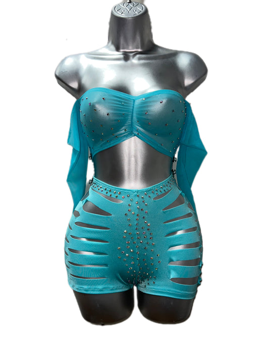 BLUE OFF THE SHOULDER LONG SLEEVE SHORTS SET