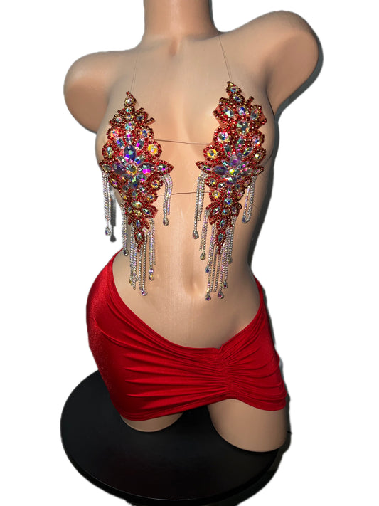RED RHINESTONE TOP SKIRT SET