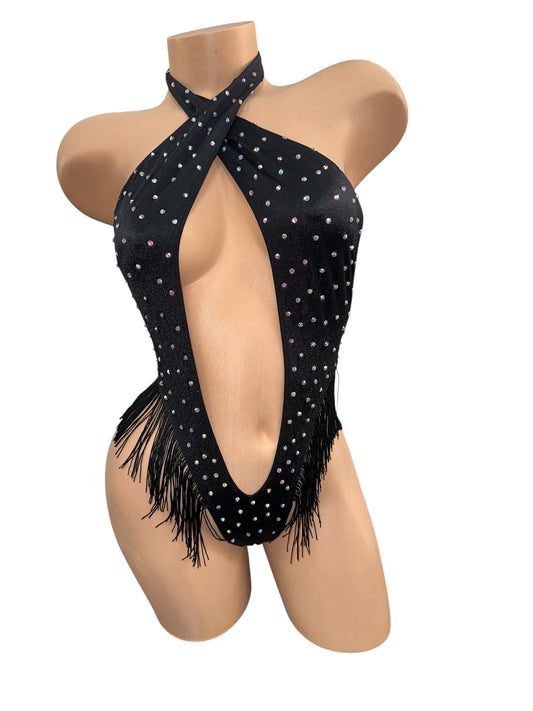 BLACK BODYSUIT WITH SILVER FRINGE