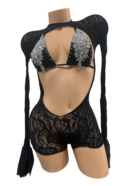 LACE NET THREE PIECE BODYSUIT