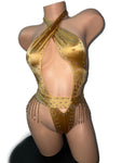 GOLD BODYSUIT WITH RHINESTONE DANGLES