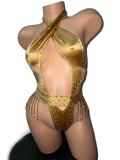 GOLD BODYSUIT WITH RHINESTONE DANGLES