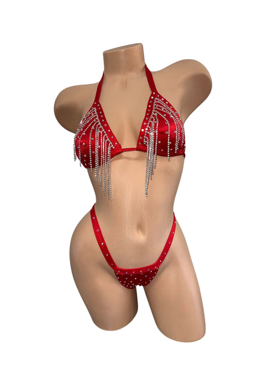 RED TWO PIECE WITH RHINESTONE CHAIN