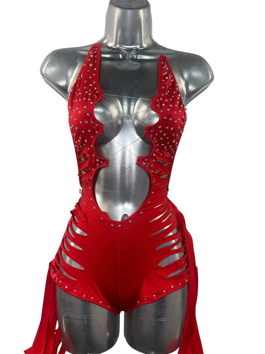 RED BODYSUIT W/ FRINGE