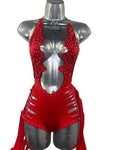 RED BODYSUIT W/ FRINGE