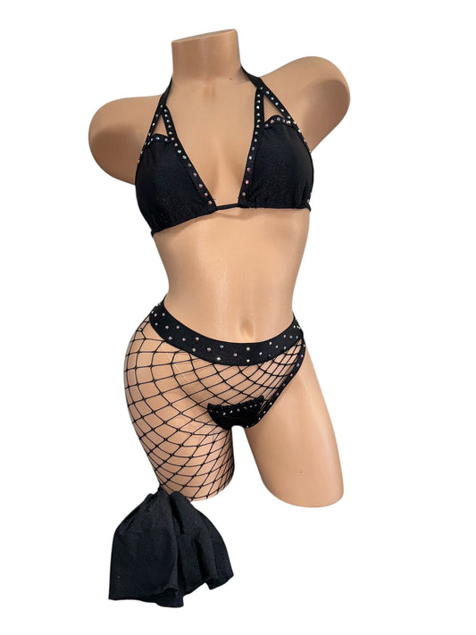 BLACK NET ONE LEG THREE PIECE