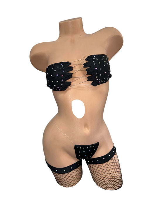 BLACK 4PC OUTFIT WITH NET GARTERS