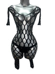 BLACK FISHNET RHINESTONE BODY SUIT