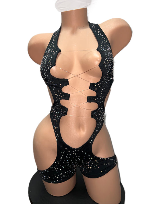 BLACK RHINESTONE CHAP SET ONE PIECE