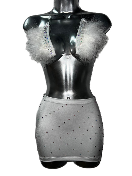 WHITE FUR SKIRT SET
