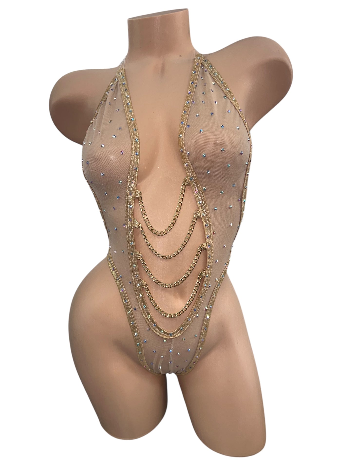 GOLD AND NUDE BODYSUIT WITH CHAINS