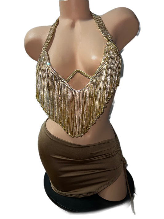 GOLD RHINESTONE BRA WITH SKIRT