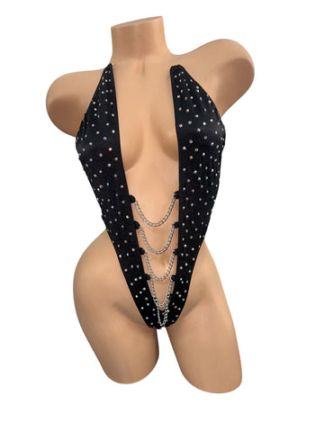 BLACK BODYSUIT WITH SILVER CHAIN