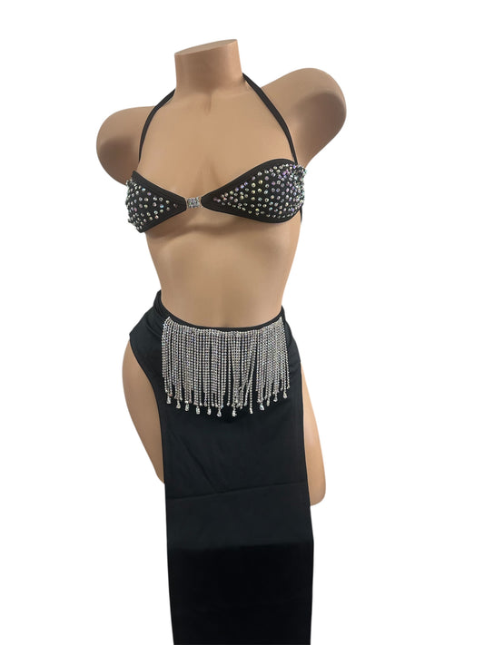 BLACK HIGH SLIT SKIRT SET