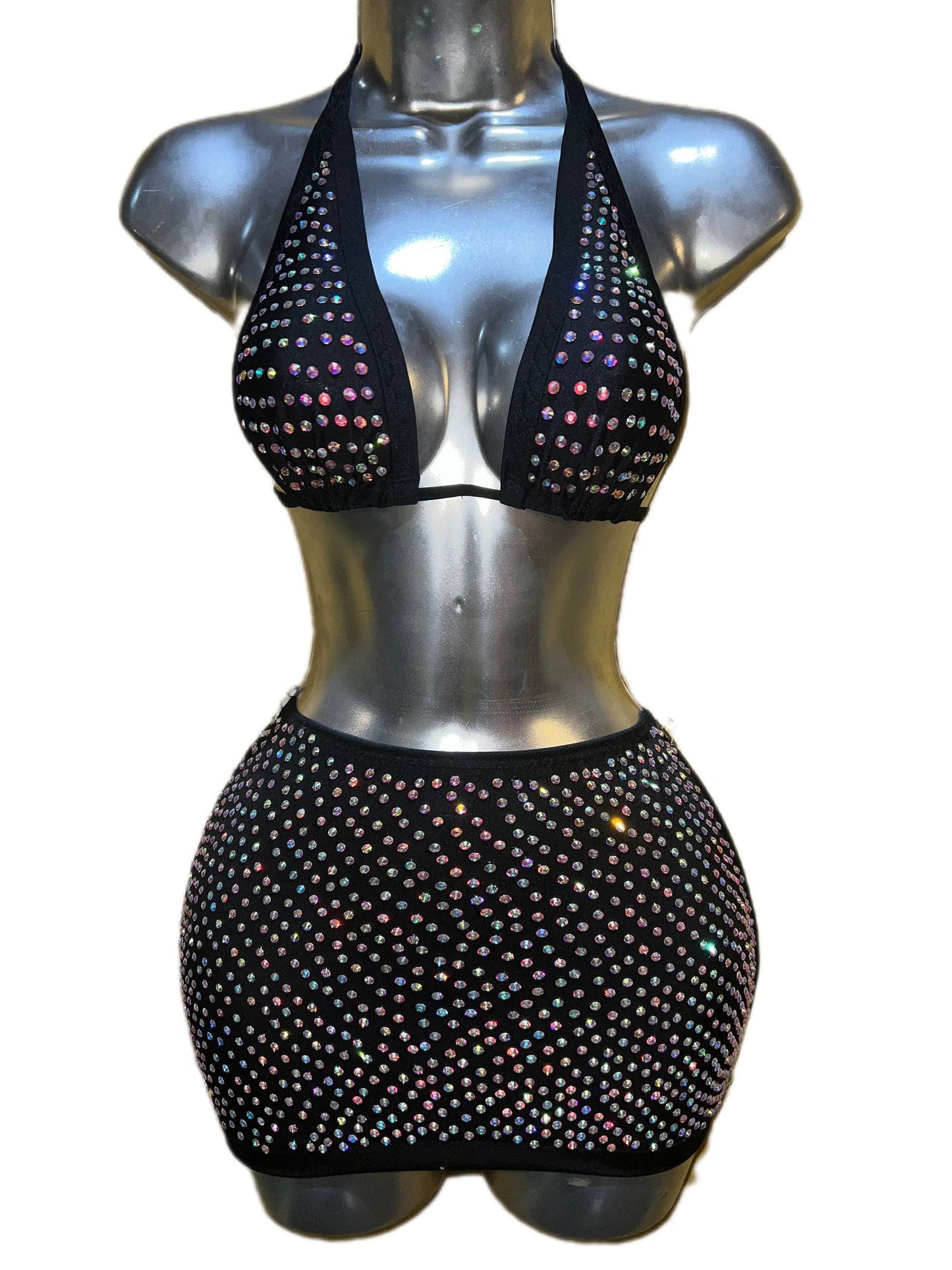 BLACK RHINESTONE SKIRT SET
