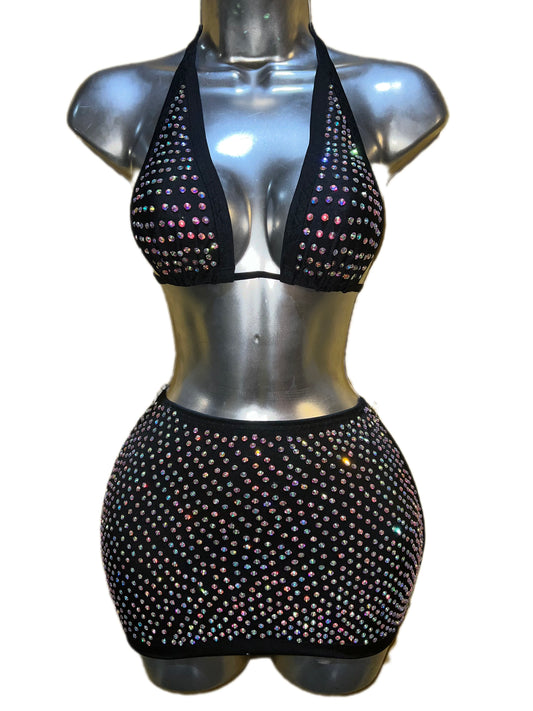 BLACK RHINESTONE SKIRT SET