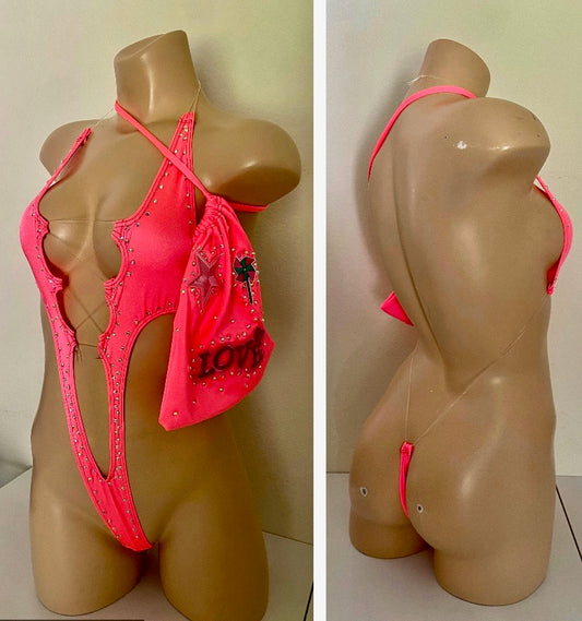 HOT PINK BODYSUIT WITH MONEYBAG
