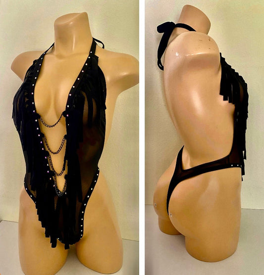 BLACK FRINGE BODYSUIT WITH CHAIN