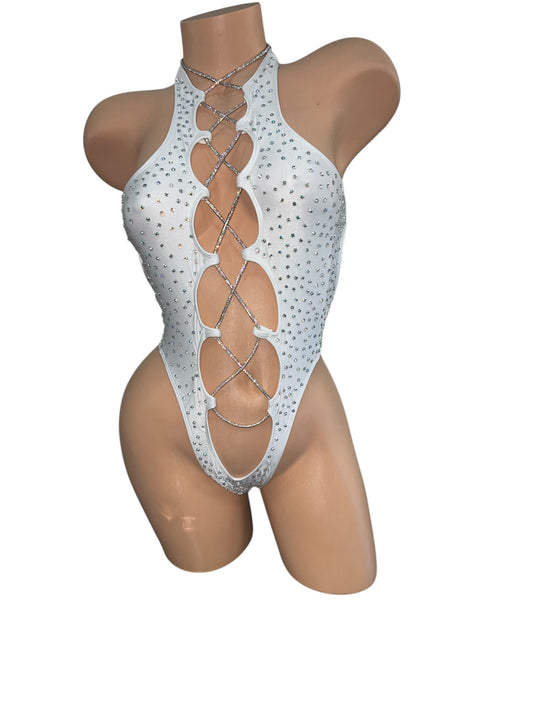 WHITE BODYSUIT WITH RHINESTONE STRINGS